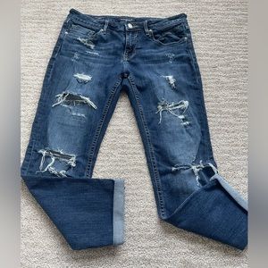 Vigoss The Thompson Tomboy very distressed crop cuffed jeans in medium wash